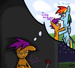 Size: 900x818 | Tagged: safe, artist:misterhailfire, artist:mrdynasty, rainbow dash, scootaloo, g4, crying, dream, implied scootalove, night, scootalone, scooter