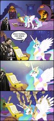 Size: 599x1333 | Tagged: safe, princess celestia, alicorn, human, pony, g4, eddard stark, eyes closed, female, frown, game of thrones, gritted teeth, image macro, looking up, mare, reading, scroll, smiling, spam, speech bubble, spread wings, surprised, wat, wide eyes, wings