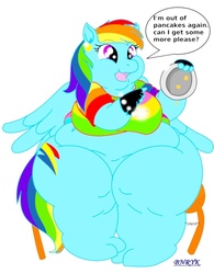 Size: 800x1026 | Tagged: safe, artist:bunearyk, rainbow dash, anthro, g4, dialogue, fat, obese, pancakes, rainblob dash, speech bubble