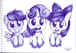 Size: 5664x3910 | Tagged: safe, artist:varijani, apple bloom, scootaloo, sweetie belle, earth pony, pegasus, pony, unicorn, g4, ballpoint pen, cutie mark crusaders, female, filly, foal, grin, hooves to the chest, open mouth, raised hoof, signature, simple background, smiling, spread wings, traditional art, white background, wings