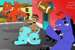 Size: 1280x859 | Tagged: safe, artist:jacksoncobalt, earth pony, pegasus, pony, unicorn, american football, crossover, denny, description in comments, johnny, mark, peter, ponified, sports, the room, tommy wiseau