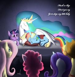 Size: 860x882 | Tagged: dead source, safe, artist:sparkyverve, applejack, fluttershy, pinkie pie, princess celestia, rainbow dash, rarity, twilight sparkle, alicorn, pony, fanfic:mommy nearest, g4, alicornified, blood, fanfic, fanfic art, mane six, momlestia, race swap, rainbowcorn