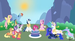 Size: 7260x4000 | Tagged: safe, artist:x6tr2ni, apple bloom, applejack, fluttershy, pinkie pie, princess cadance, princess celestia, princess luna, rainbow dash, rarity, scootaloo, shining armor, sweetie belle, twilight sparkle, g4, absurd resolution, cake