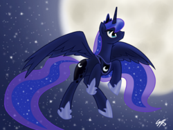 Size: 1024x768 | Tagged: safe, artist:gimmogear, princess luna, pony, g4, female, flying, moon, night, solo