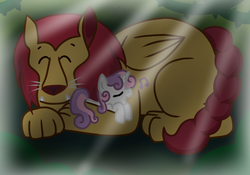 Size: 1000x700 | Tagged: safe, artist:lourita-shine, manny roar, sweetie belle, manticore, g4, singing