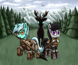 Size: 900x750 | Tagged: safe, artist:silentbutbeardly, lyra heartstrings, octavia melody, deer, earth pony, pony, unicorn, g4, armor, cover, cover art, fanfic, forest, mountain, spear, sword, weapon