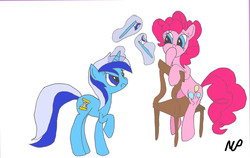 Size: 2192x1381 | Tagged: safe, artist:ninjapinkie, minuette, pinkie pie, earth pony, pony, unicorn, g4, chair, toothbrush, unamused