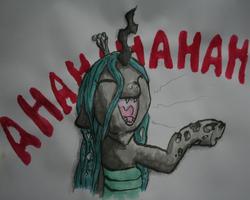 Size: 1897x1514 | Tagged: safe, artist:fora1000years, queen chrysalis, changeling, changeling queen, g4, female, laughing, reaction image, solo