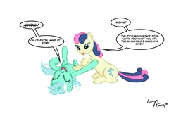 Size: 1000x661 | Tagged: safe, artist:lunarapologist, bon bon, lyra heartstrings, sweetie drops, g4, comic, tickling