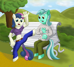 Size: 2000x1806 | Tagged: safe, artist:gino456, bon bon, lyra heartstrings, sweetie drops, earth pony, anthro, g4, duo