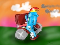 Size: 1024x768 | Tagged: safe, artist:peach-the-mouse, rainbow dash, g4, amputee, crying, disabled, injured, rainbow dash can't fly, sad, solo, wheelchair