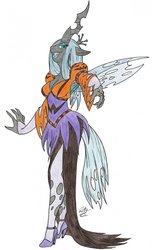 Size: 778x1280 | Tagged: source needed, safe, artist:baikobits, queen chrysalis, changeling, changeling queen, anthro, g4, female, horn, simple background, solo, transparent wings, white background, wings