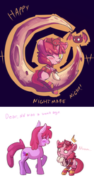 Size: 668x1260 | Tagged: safe, artist:haute-claire, berry punch, berryshine, ruby pinch, bat, ask ruby pinch, g4, ask, clothes, comic, costume, cute, moon, mother and daughter, tangible heavenly object, tongue out, tumblr, wink