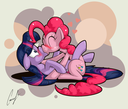 Size: 800x686 | Tagged: safe, artist:caencel, pinkie pie, twilight sparkle, earth pony, pony, unicorn, g4, blushing, duo, eyes closed, female, heart, kiss on the lips, kissing, lesbian, lying down, mare, on back, ship:twinkie, shipping, shrunken pupils, signature, squishy, surprise kiss, unicorn twilight