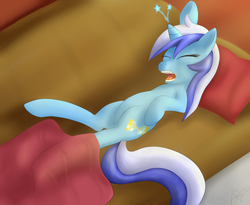 Size: 1320x1080 | Tagged: safe, artist:srk-ares, minuette, pony, unicorn, g4, couch, female, lying down, mare, morning, pillow, sheet, solo, yawn