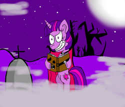 Size: 1348x1153 | Tagged: safe, artist:i-need-a-medic, twilight sparkle, g4, book, cape, clothes, grave, necromancy, solo