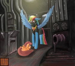 Size: 2186x1913 | Tagged: safe, artist:sinpumpkin, rainbow dash, scootaloo, pegasus, pony, fanfic:rainbow factory, g4, clothes, creepypasta, duo, duo female, female, filly, gas mask, mare, mask