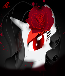 Size: 2712x3192 | Tagged: safe, artist:baroquedavid, rarity, pony, vampire, g4, alternate color palette, bust, eyeshadow, female, flower, flower in hair, hair over one eye, looking at you, makeup, mare, smiling, solo