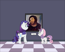 Size: 902x722 | Tagged: safe, rarity, sweetie belle, g4, botched ecce homo, exploitable meme, museum meme, painting, picture, template, vector