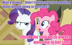 Size: 1722x1080 | Tagged: safe, edit, edited screencap, screencap, pinkie pie, rarity, .mov, shed.mov, g4, putting your hoof down, duo, hub logo, image macro, pink text, scrunchy face