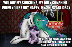 Size: 625x406 | Tagged: safe, artist:bri-sta, princess celestia, twilight sparkle, g4, crying, image macro, lightning, manly tears, momlestia, singing, you are my sunshine