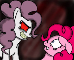 Size: 2160x1759 | Tagged: safe, artist:louis badalament, pinkie pie, earth pony, pony, pony pov series, g4, alex warlorn, angry pie, bloodshot eyes, creepy, duality, fanfic, female, looking at each other, looking at someone, mare, psycho, reharmonized ponies