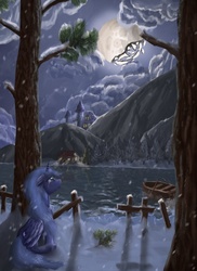 Size: 800x1100 | Tagged: safe, artist:sylar113, princess luna, alicorn, pony, g4, boat, castle, crying, female, house, mare, moon, rowboat, s1 luna, sitting, snow, snowfall, solo, tree, water, winter