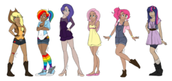 Size: 1280x605 | Tagged: safe, artist:jadeariel, applejack, fluttershy, pinkie pie, rainbow dash, rarity, twilight sparkle, human, g4, clothes, converse, dark skin, dress, humanized, mane six, shoes