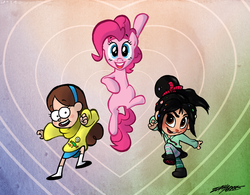 Size: 1000x781 | Tagged: safe, artist:willdrawforfood1, pinkie pie, earth pony, pony, g4, crossover, female, gravity falls, mabel pines, male, mare, sugar rush, vanellope von schweetz, wreck-it ralph