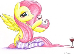 Size: 781x570 | Tagged: safe, artist:prettypinkpony, fluttershy, pony, g4, clothes, female, socks, solo, striped socks, traditional art, wine, wine glass