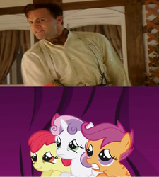 Size: 634x703 | Tagged: safe, apple bloom, scootaloo, sweetie belle, human, g4, billy zane, cal, cutie mark crusaders, irl, photo, scared, scrunchy face, titanic