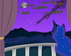 Size: 2000x1574 | Tagged: safe, artist:akshooter, princess luna, pony, g4, article 2, balcony, fanfic, female, night, solo
