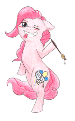 Size: 1484x2398 | Tagged: safe, artist:rena-pikalvr, pinkie pie, earth pony, pony, g4, bipedal, biting, blushing, female, paint, paint on fur, paintbrush, party cannon, tongue bite, tongue out, wink