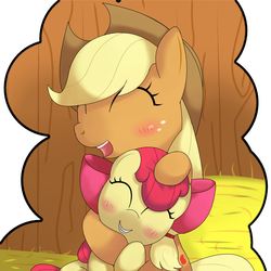 Size: 1200x1200 | Tagged: safe, artist:hoyeechun, apple bloom, applejack, earth pony, pony, g4, blushing, duo, eyes closed, female, hay, siblings, sisters, tickling