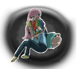 Size: 900x801 | Tagged: dead source, safe, artist:rezzap, fluttershy, rainbow dash, human, g4, clothes, crying, humanized, sweater, t-shirt
