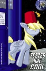 Size: 465x720 | Tagged: safe, artist:texasuberalles, derpy hooves, doctor whooves, time turner, pegasus, pony, g4, female, fez, hat, mare, moon, tardis