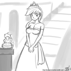 Size: 1280x1280 | Tagged: safe, artist:johnjoseco, applejack, soarin', frog, human, g4, beautiful, clothes, crossover, cute, disney, dress, funny, grayscale, grin, humanized, implied soarinjack, monochrome, pie, pretty, princess, princess tiana, smiling, the princess and the frog