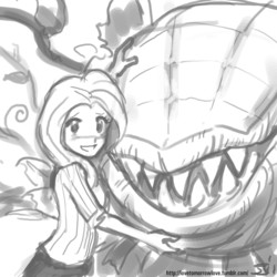 Size: 1280x1280 | Tagged: safe, artist:johnjoseco, fluttershy, human, .mov, shed.mov, g4, audrey 2, carnivorous plant, crossover, fluttershed, grayscale, humanized, little shop of horrors, monochrome