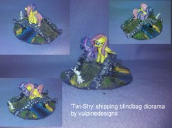 Size: 2592x1936 | Tagged: safe, artist:vulpinedesigns, angel bunny, fluttershy, twilight sparkle, pony, unicorn, g4, blushing, bridge, customized toy, diorama, female, irl, lesbian, photo, sculpture, ship:twishy, shipping, unicorn twilight, winghug