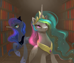 Size: 1200x1024 | Tagged: safe, artist:erinliona, princess celestia, princess luna, alicorn, pony, g4, book, library