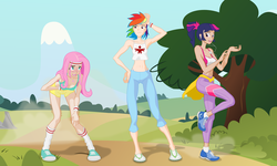Size: 1600x960 | Tagged: safe, artist:bipole, fluttershy, rainbow dash, twilight sparkle, human, g4, 2012, belly button, cleavage, clothes, converse, exercise, female, headband, humanized, midriff, panties, shoes, shorts, sneakers, socks, spandex, sports bra, thong, underwear, vector, wristband