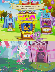 Size: 500x647 | Tagged: safe, artist:capnpea, edit, gameloft, screencap, philomena, pinkie pie, princess celestia, spike, alicorn, dragon, earth pony, pony, g4, my little pony: magic princess, apple, balloon, balloon pop, balloon pop stand, carnival, coin, confetti, flower, food, gameloft logo, gameloft shenanigans, gem, mobile game, numbers, pink coat, pink fur, pink mane, pink tail, prize, sale, silhouette, stand, tail, tent, tree, white coat, white fur