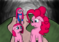 Size: 1495x1084 | Tagged: safe, artist:louis badalament, pinkie pie, pony pov series, g4, alex warlorn, clothes, fanfic, female, filly, filly pinkie pie, looking at each other, looking at someone, pinkamena diane pie, reharmonized ponies, scarf, when she doesn't smile, younger