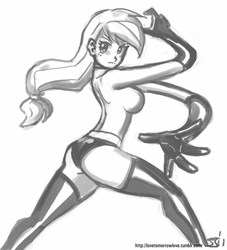 Size: 909x1000 | Tagged: safe, artist:johnjoseco, applejack, human, g4, applebutt, ass, breasts, busty applejack, butt, crossover, elastic, elastigirl, female, grayscale, helen parr, humanized, monochrome, mrs. incredible, solo, stretchy, superhero, the incredibles, thick
