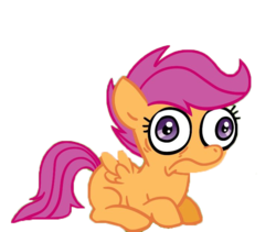 Size: 741x625 | Tagged: safe, artist:773her, scootaloo, pegasus, pony, g4, big eyes, face, faic, female, filly, foal, frown, i've seen some shit, lying down, magenta hair, magenta mane, magenta tail, orange coat, orange fur, orange wings, prone, purple eyes, scared, simple background, solo, transparent background, what has been seen, wide eyes, wings