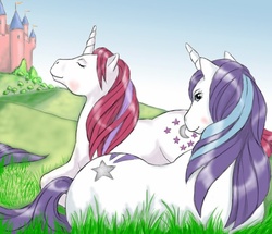 Size: 598x515 | Tagged: safe, artist:canis-m, glory, moondancer (g1), pony, unicorn, g1, dream castle, duo, duo female, eyes closed, female, grass, horn, lesbian, looking at you, looking back, looking back at you, lying down, mare, on side, ship:glorydancer, shipping