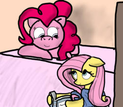 Size: 1364x1182 | Tagged: safe, artist:louis badalament, fluttershy, pinkie pie, earth pony, pegasus, pony, pony pov series, g4, alex warlorn, bed, fanfic, fanfic art, female, lesbian, looking at each other, looking at someone, lying down, lying on bed, mare, on bed, reharmonized ponies, ship:flutterpie, shipping, smiling