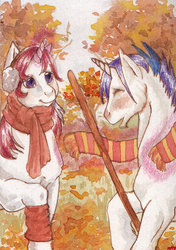 Size: 400x567 | Tagged: safe, artist:shaiyeh, glory, moondancer (g1), pony, unicorn, g1, autumn, chin fluff, clothes, cottagecore, duo, duo male and female, earmuffs, eyes closed, female, half r63 shipping, horn, leg warmers, male, mare, rule 63, scarf, ship:glorydancer, shipping, stallion, striped scarf