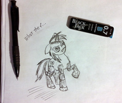 Size: 1024x861 | Tagged: safe, artist:agm, oc, oc only, oc:blackjack, cyborg, pony, unicorn, fallout equestria, fallout equestria: project horizons, amputee, cutie mark, cybernetic legs, fanfic, fanfic art, female, fourth wall, hooves, horn, mare, solo, traditional art, wtf