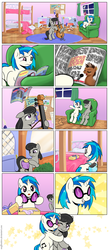 Size: 1000x2300 | Tagged: safe, artist:muffinshire, dj pon-3, octavia melody, vinyl scratch, g4, cello, comic, cute, glasses, hind legs, hug, legs together, magazine, muffinshire is trying to murder us, musical instrument, reading